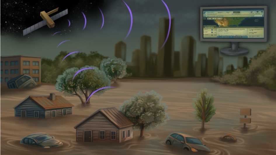 Flooded street with debris floating in water